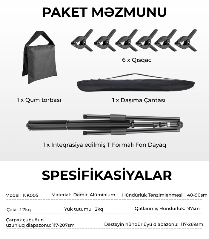 Neewer NK005 2x2.7 metr T Şəkilli Arxa Fon Dayaq