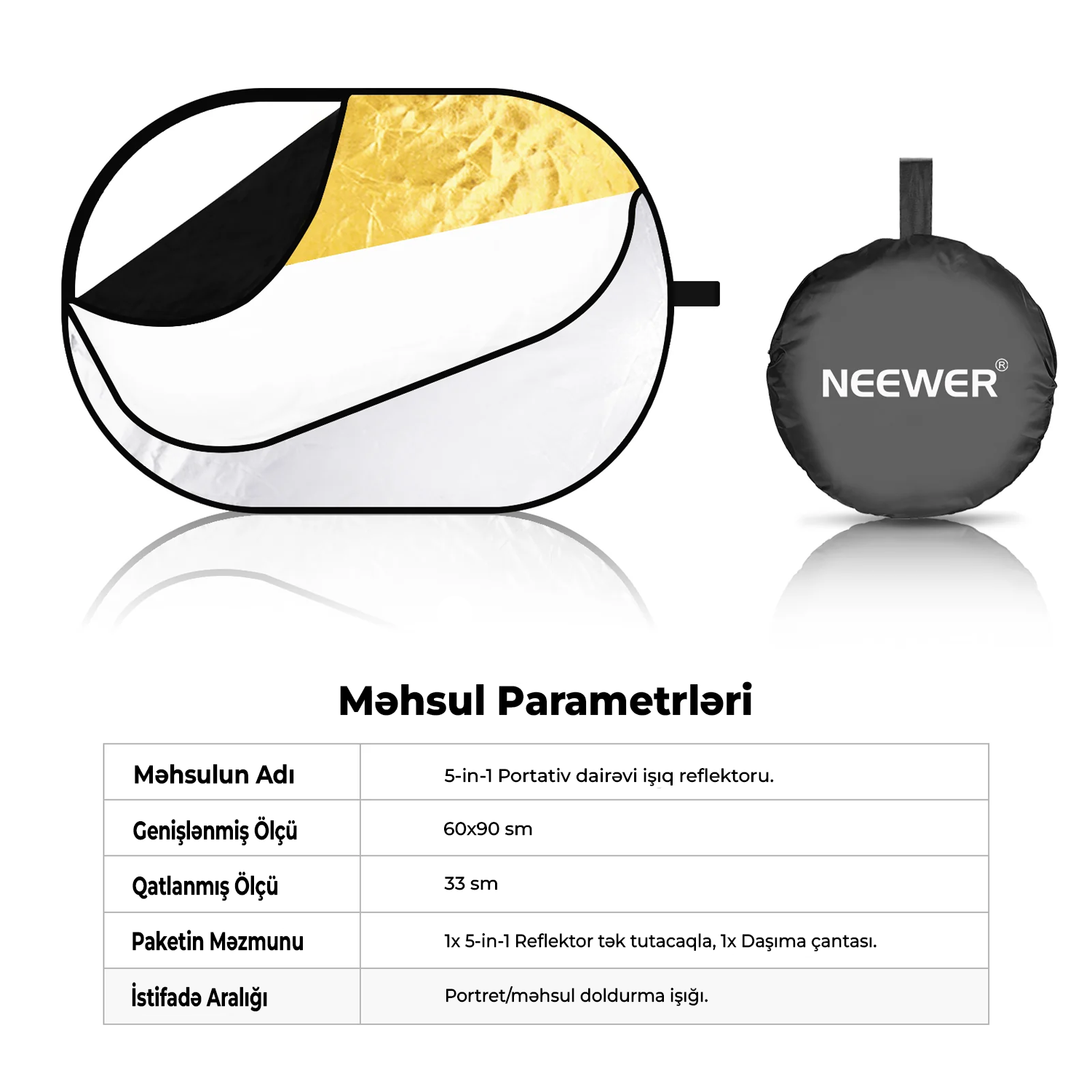 NEEWER 5-də 1 Portativ İşıqlandırma Reflektor Dəsti 80x120 sm