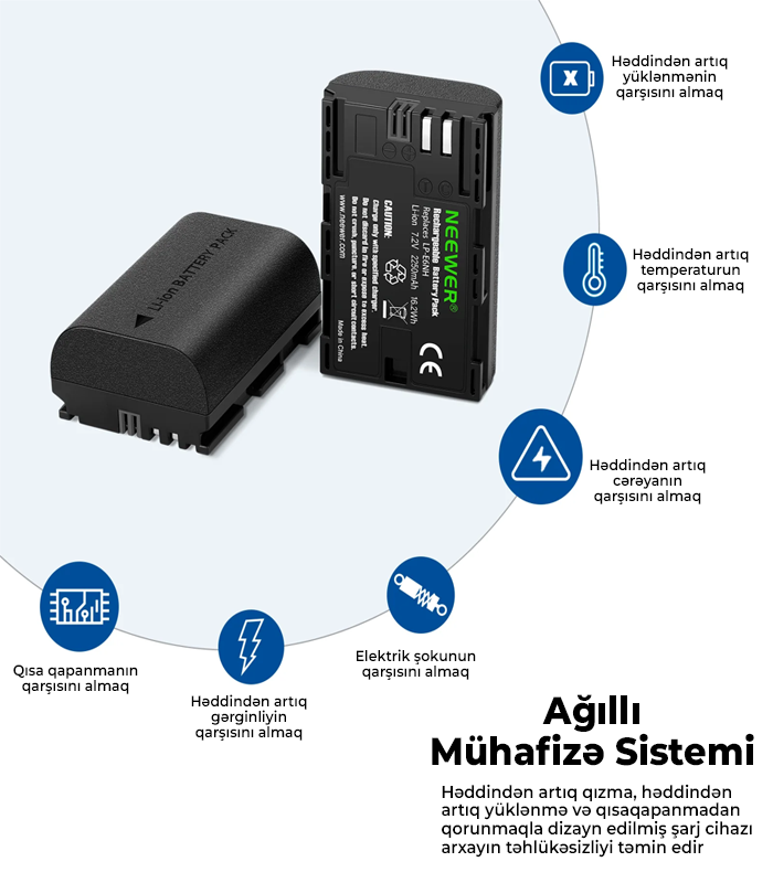 NEEWER 2 Paket LP-E6NH 2250mAh R6 II Canon Ehtiyat Batareya Doldurma Cihazı Dəsti