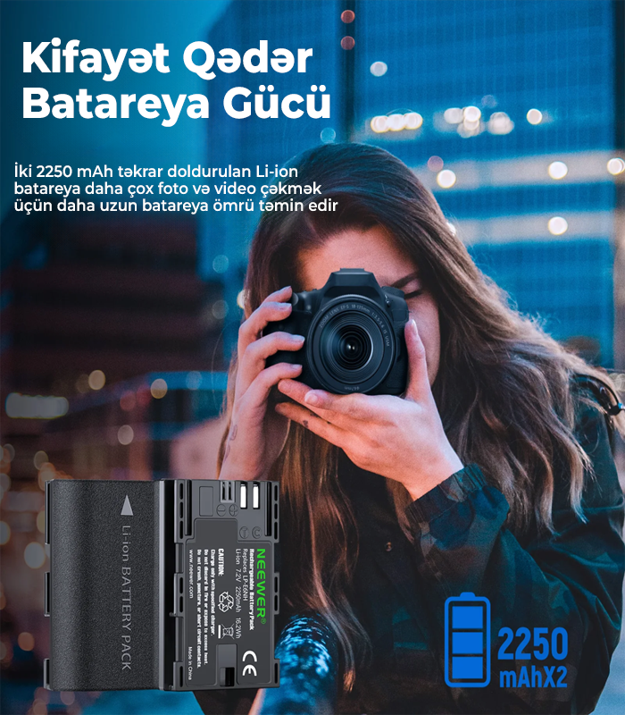 NEEWER 2 Paket LP-E6NH 2250mAh R6 II Canon Ehtiyat Batareya Doldurma Cihazı Dəsti