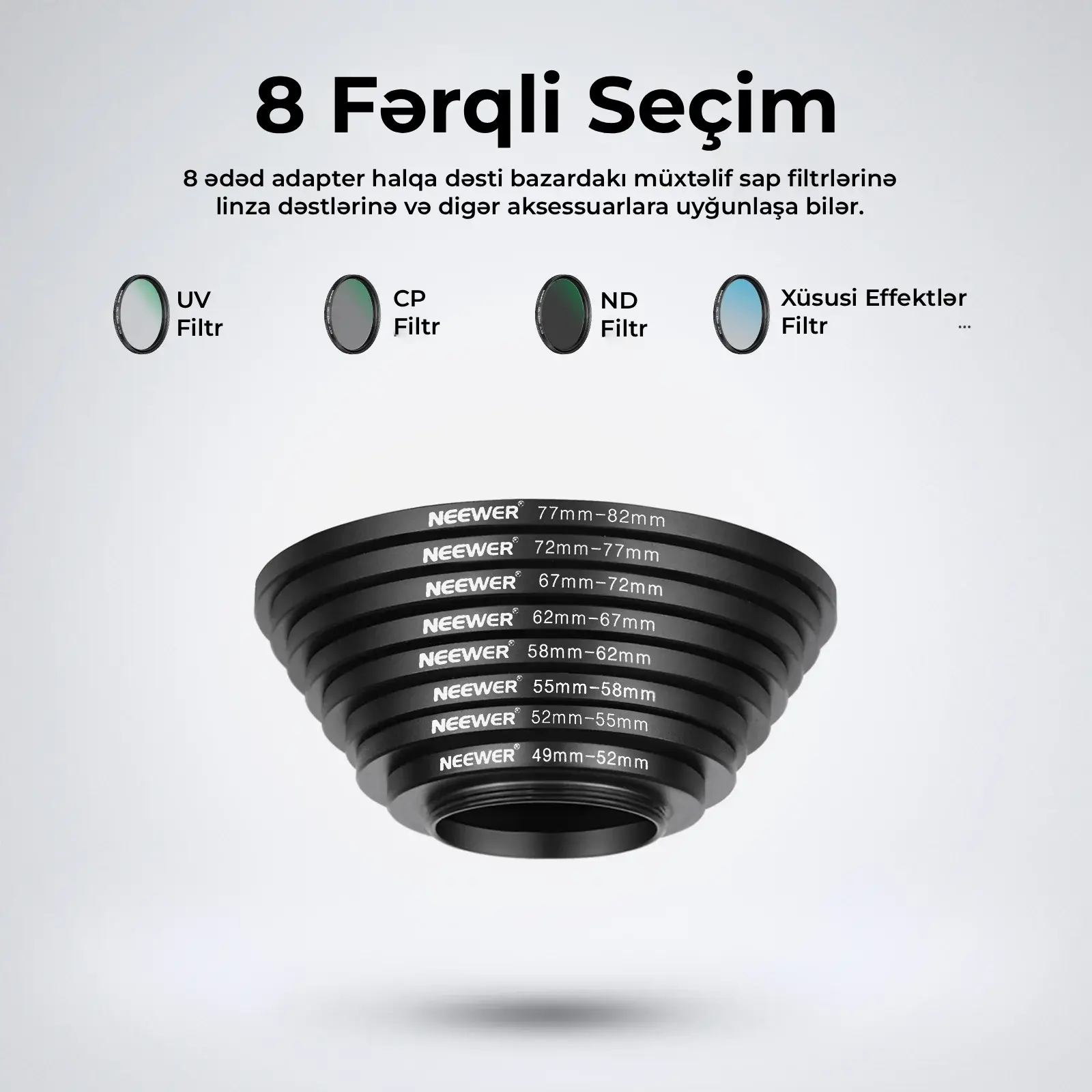 NEEWER NEEWER Obyektiv Filter Adapter Halqa Dəsti (8 ədəd)