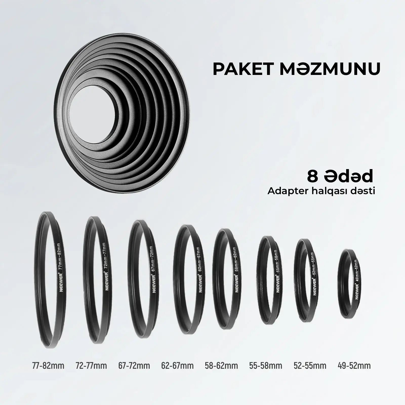 NEEWER NEEWER Obyektiv Filter Adapter Halqa Dəsti (8 ədəd)