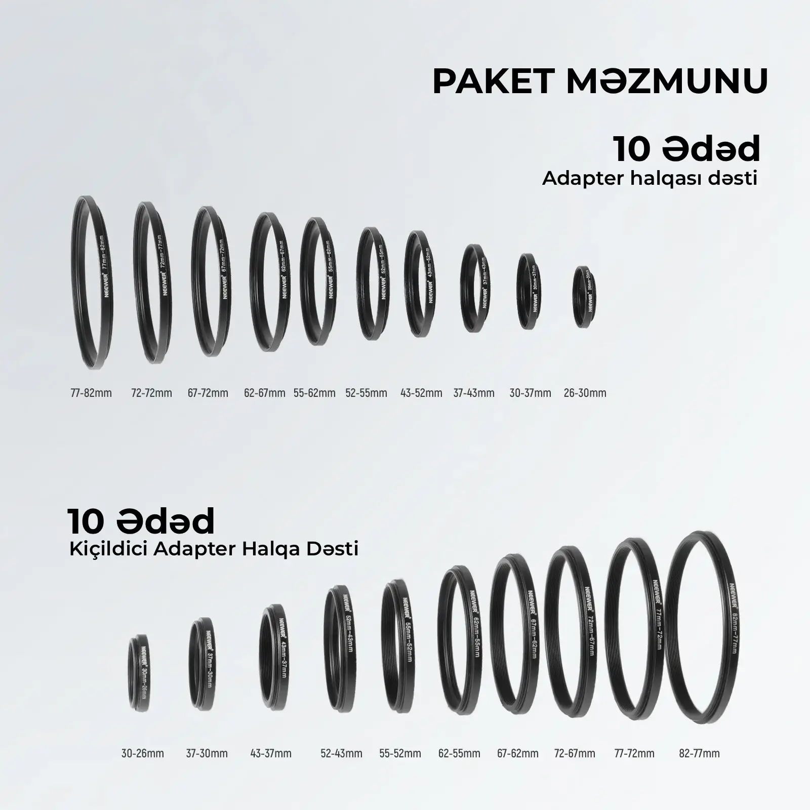 NEEWER Obyektiv Filter Adapter Halqa Dəsti (20 ədəd)