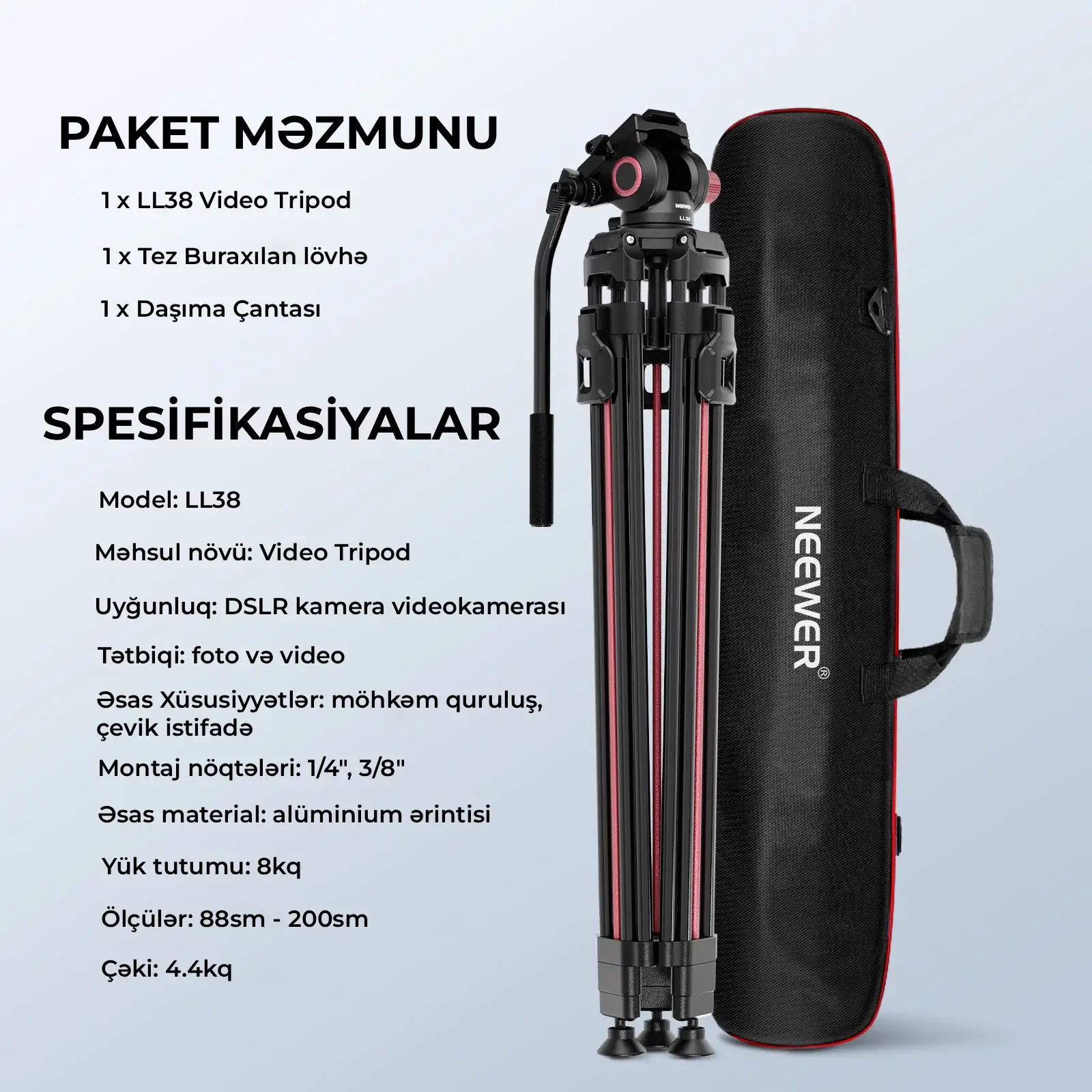 NEEWER Tripod LL38 200 sm Hidravlik başlıq ilə