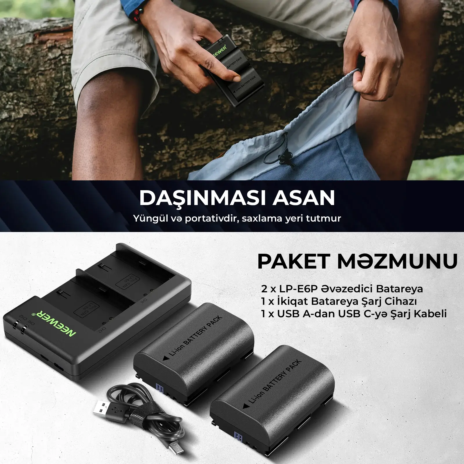 Neweer LP-E6P 2200mAh Batareya USB şarj Cihazı Dəsti