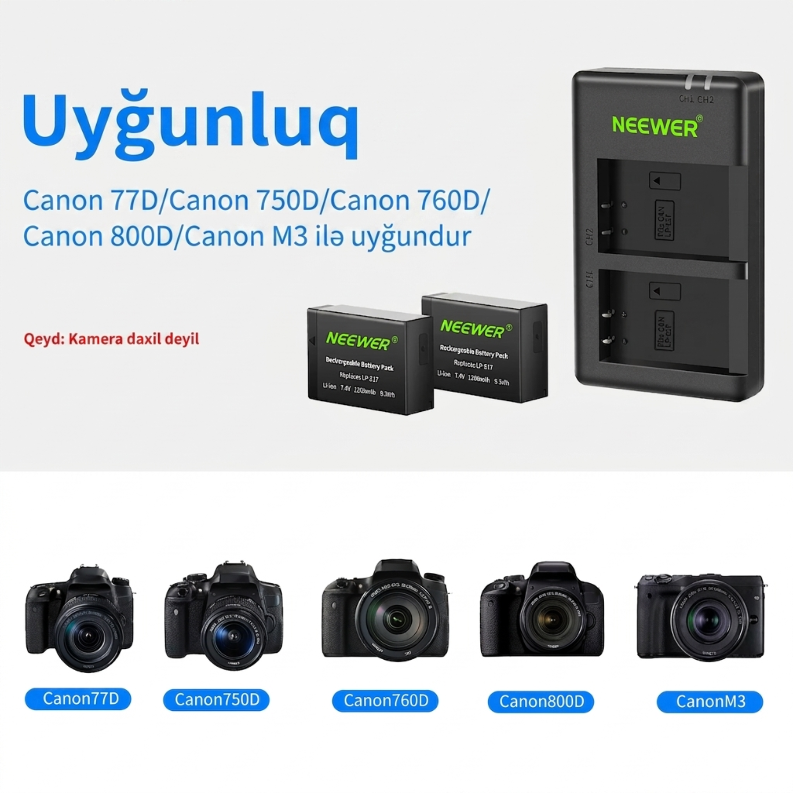 Neewer Canon üçün 2li LP-E17 Əvəzedici Batareya və Şarj Dəsti