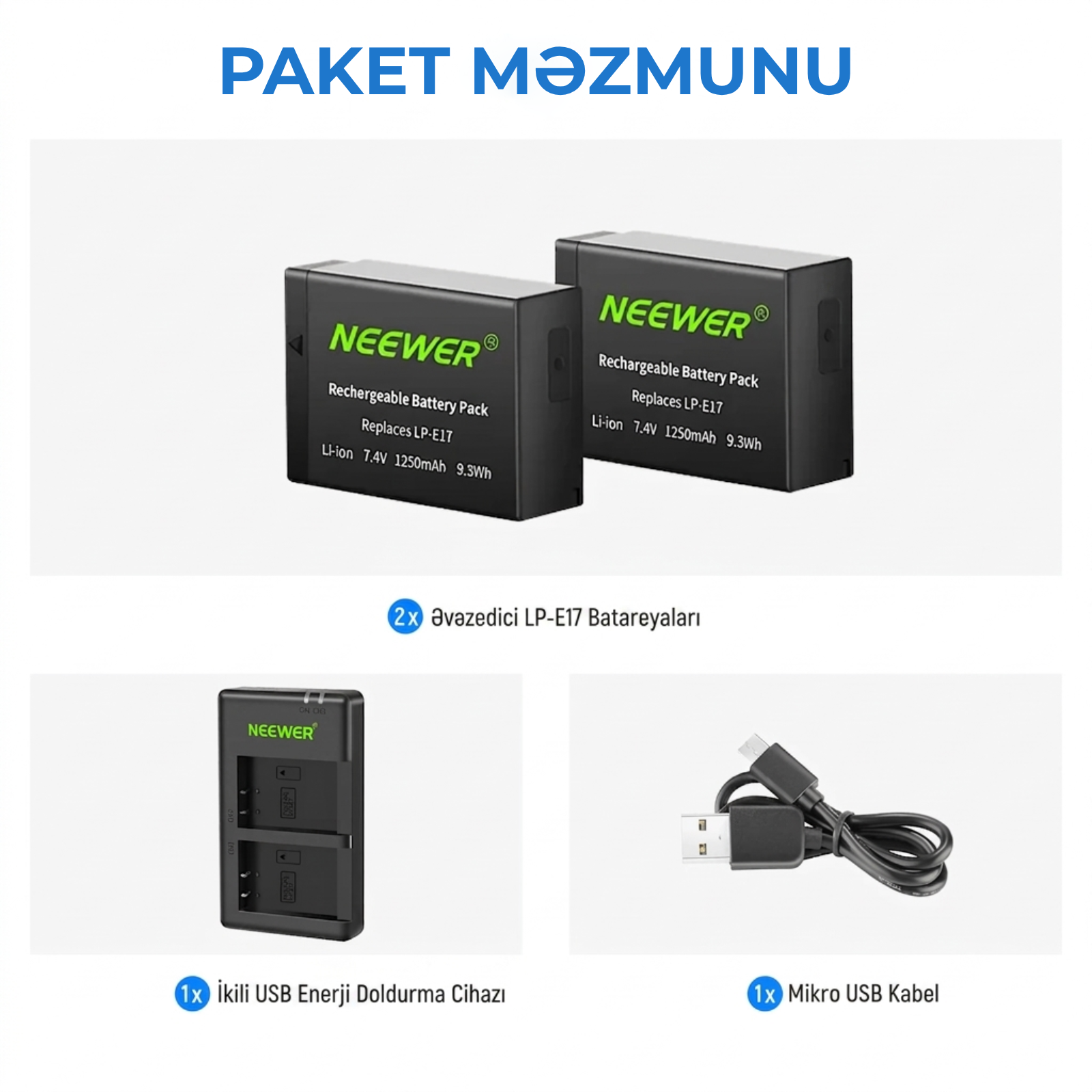 Neewer Canon üçün 2li LP-E17 Əvəzedici Batareya və Şarj Dəsti