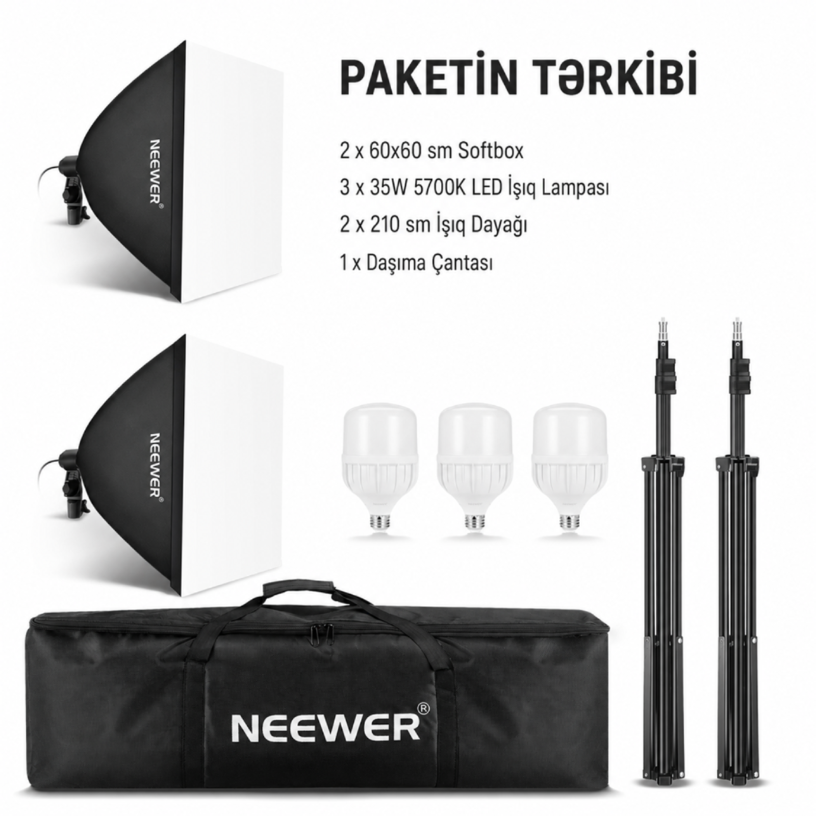 Neewer 700W Fotoqraf Softboks Dəsti 3 Lampalı