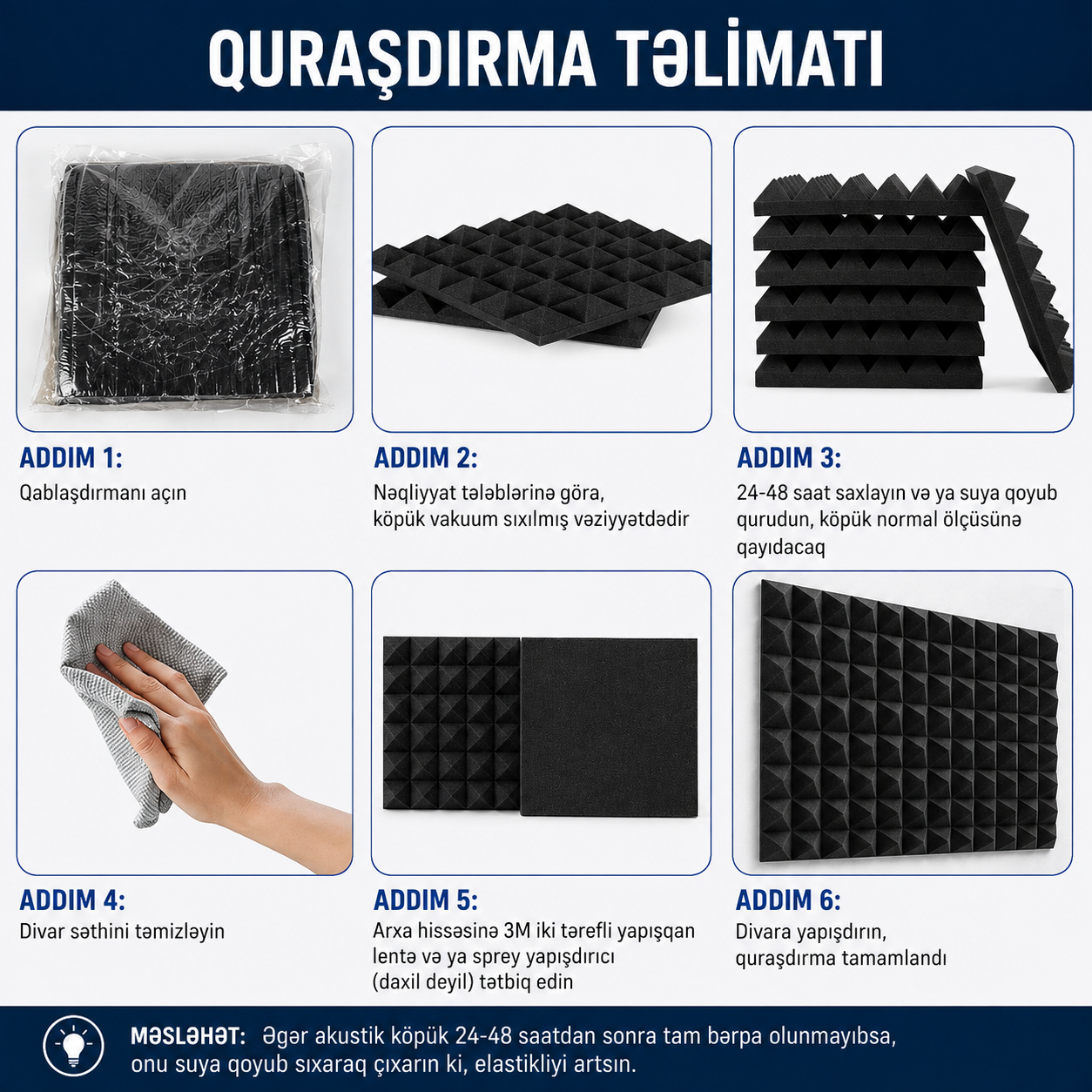Piramida Şəkilli Yapışqansız Akustik Panel 5 sm Qalınlıq (24 ədəd)